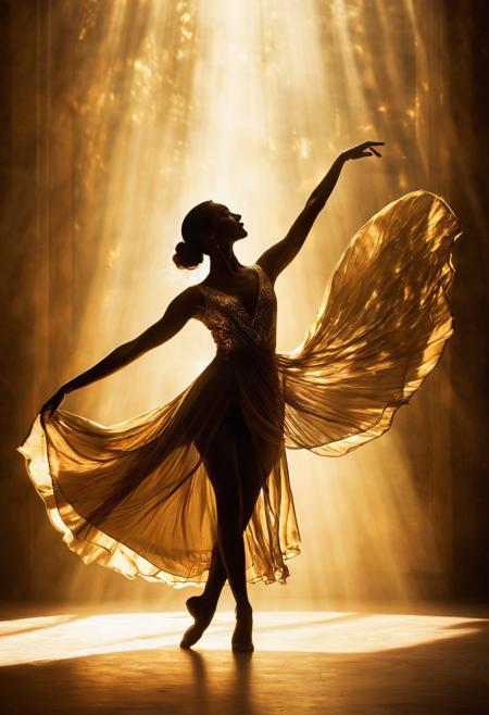 Sunlit Elegance: Ethereal Dance in Golden Rays
Ethereal and mesmerizing, this digital photography captures a dancer swirling in golden light. Her silhouette against the radiant beams adds a magical quality to her dance.