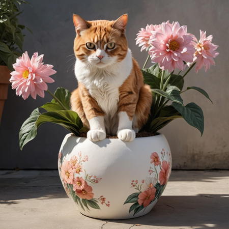 a photorealistic cat is squatting in a large flower pot, the flowers are crumpled and broken, the cat has a tense expression on his face, his hind legs are slightly raised