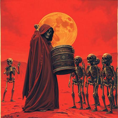 Dark art Side view of an cloaked ominous monk from the 70s-style pulp paintingsdoing a keg stand in a red desert while cheering skeletons are standing around as audience, The sky is red and otherworldy. The monks grinning skeletal face is barely visible. Duotone: Burnt orange and deep plum. Mood: Occult ritual meets 80's crinkled concertposter art style. Grim reaper, doom metal-style, gritty, desert ritual, tales from the crypt