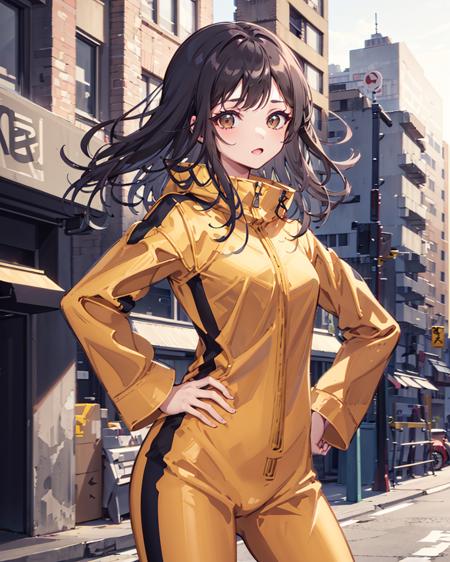 1girl,solo,bruceleejumpsuit, <lora:BruceLee's_JumpsuitV1[bruceleejumpsuit]:1>, black_hair,long_hair, hand on hip, outdoors,cityscape, cowboy shot, skin tight,