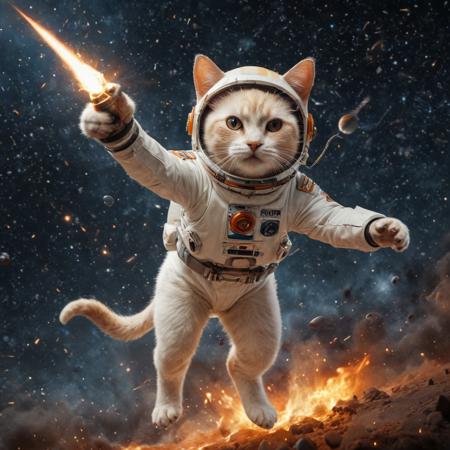 (masterpiece:1.3), (highly detailed: 1.3), (best quality:1.3), a cinematic image of a cat flying in outer space, flame-point white Siamese, cream-colored body, orange face and tail and ears and feet, wearing a space helmet, action shot, wide-angle, cinematic backdrop, background with rocket ship and stars and galaxy, sharp focus, dynamic lighting, lens flare, sci-fi, vibrant color, high contrast image, 8k, sharp, cinematic masterpiece, depth of field