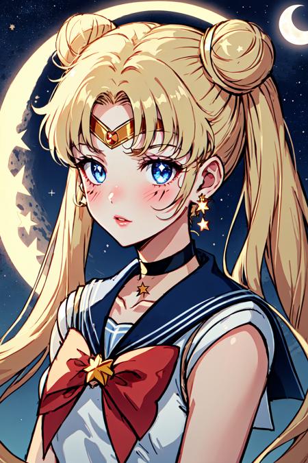 Alternative Sailor Moon,  1girl,  solo,  long hair,  looking at viewer,  blush,  blue eyes,  blonde hair,  hair ornament,  bow,  twintails,  jewelry,  closed mouth,  upper body,  earrings,  choker,  sailor collar,  hair bun,  star (symbol),  red bow,  lips,  parted bangs,  double bun,  facial mark,  magical girl,  moon,  blue sailor collar,  crescent,  star (sky),  circlet,  sailor senshi uniform,  crescent facial mark, <lora:EMS-49403-EMS:0.600000>