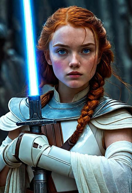 High resolution ultra-realistic of Beautiful Jedi Knightess, 8k, capturing the intensity of the moment, cinematic lighting, standing on a bloody and turbulent battlefield in a bloody battle, wavy red hair, realistic dirty pale face, realistic blue eyes, beautiful hourglass figure, burning in a Star Wars Town, intricately designed Star Wars style clothes dirty white-brown robes, Star Wars Aesthetic, perfect athletic figure, beautiful Sadie Sink as Jedi Knightess, ultra realistic, cinematic style, vigorous and seductive, athletic figure, Star Wars style, dramatic lighting, wet and sweaty skin, dirty pale skin, athletic figure, dark fantasy, dramatic lighting, Greg Rutkowski style, Jedi Knightess on in Jedi dress, hyper-detailed, hyper-realistic, natural light, extremely intricate details, masterpiece, epic, bright colours, Attractive 21 old years girl, beautiful firm Breasts, sharp focus, digital painting, Photograph Taken on Nikon D750, Alphonse Mucha, athletic figure, Hyperdetailed, hyperrealism, Attractive, Attractive bust girl, asymmetric balance