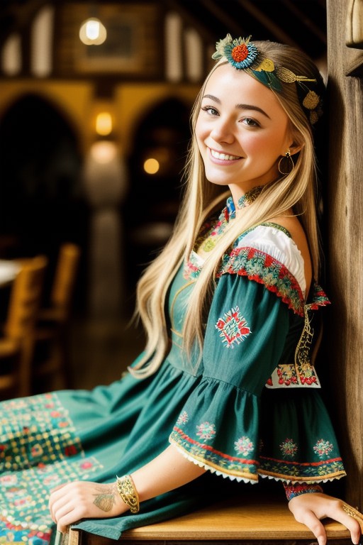 a portrait photo of a lora:OliviaDunne, smiling, tattoo, ((((folk dress)))), Ukrainian dress, pronounced feminine feature,...
