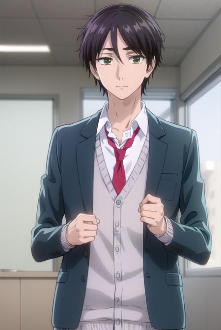 kaitamaru, <lora:kai tamaru s1-lora-nochekaiser:1>,
kai tamaru, short hair, black hair, male focus, mole, (green eyes:1.3), mole under mouth, hair between eyes,
BREAK shirt, long sleeves, school uniform, jacket, white shirt, open clothes, necktie, pants, open jacket, blazer, cardigan, red necktie, sweater vest, brown pants,
BREAK indoors, classroom,
BREAK looking at viewer, (cowboy shot:1.5),
BREAK <lyco:GoodHands-beta2:1>, (masterpiece:1.2), best quality, high resolution, unity 8k wallpaper, (illustration:0.8), (beautiful detailed eyes:1.6), extremely detailed face, perfect lighting, extremely detailed CG, (perfect hands, perfect anatomy),