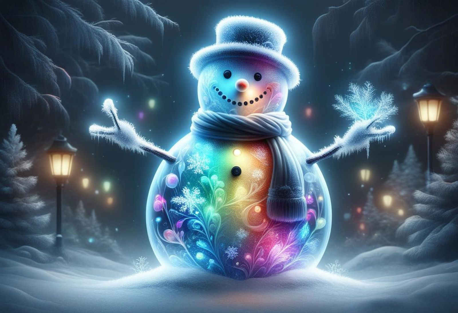 A colorful snowman with a scarf and top hat in a snowy landscape.