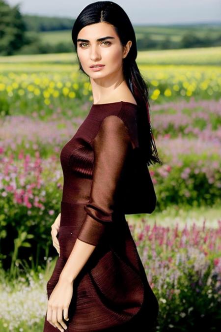 TubaBuyukustun01  medium body <lora:TubaBuyukustun01-000005:1> brown captivating stare, voluminous hair, seductive lips, (very light bold dark makeup:0.6), sculpted curves cheekbones, luscious kissers,, soft, high planes, Wildflower Meadow, Frolic in a meadow full of wildflowers.,