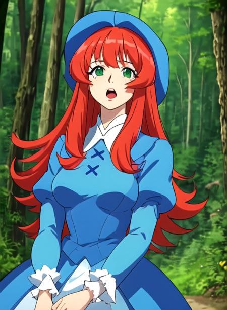 best quality, (masterpiece),(ultra-detailed), (high quality), (high resolution), <lora:francoise-10:0.7>,1girl, bangs, blue dress, breasts, forest, francoise, green background, green eyes, green hair, hat, long hair, long sleeves, looking at viewer, multicolored hair, open mouth, puffy sleeves, red hair, solo, streaked hair, white background