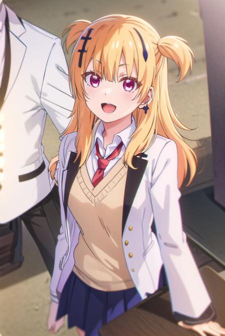 somalilonghaired, <lora:somali longhaired s1-lora-nochekaiser:1>,
somali longhaired, long hair, blonde hair, hair ornament, (red eyes:1.3), two side up, cross hair ornament, smile, open mouth,
BREAK skirt, shirt, thighhighs, jewelry, school uniform, jacket, pleated skirt, earrings, necktie, striped, pants, black skirt, blazer, red necktie, (white jacket:1.5),
BREAK indoors, classroom,
BREAK looking at viewer, (cowboy shot:1.5),
BREAK <lyco:GoodHands-beta2:1>, (masterpiece:1.2), best quality, high resolution, unity 8k wallpaper, (illustration:0.8), (beautiful detailed eyes:1.6), extremely detailed face, perfect lighting, extremely detailed CG, (perfect hands, perfect anatomy),