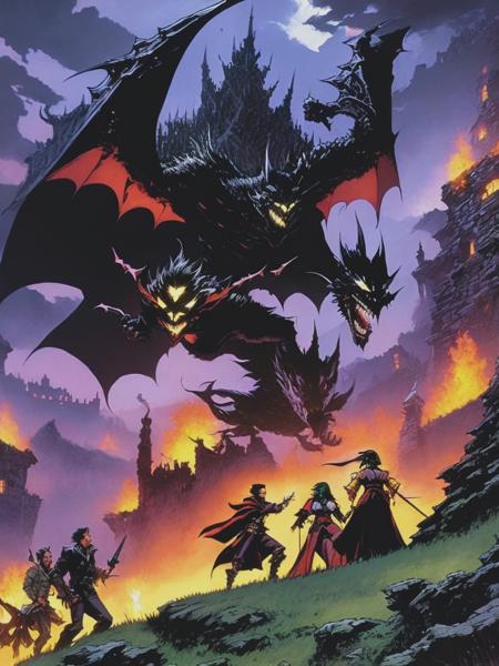 <lyco:MarcSilvestri:1.0> ambush of flying demonised vampires in the gothic village by Bernie Wrightson, John Romita, Jim Lee, Nicholas delort, romance comic book art, anime, Artgerm Thomas Kinkade -