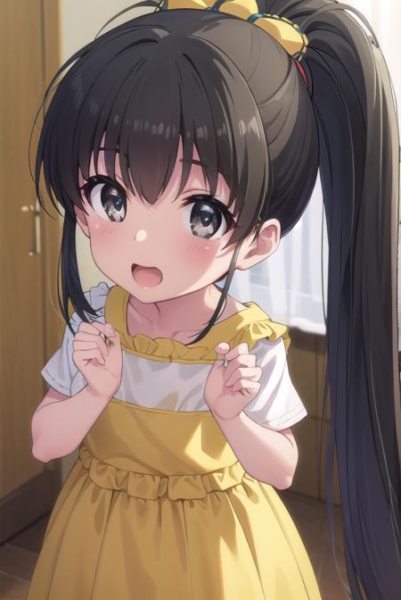 hina takanashi, long hair, black hair, (black eyes:1.3), ponytail, antenna hair, child, dress, yellow dress, short sleeves,
