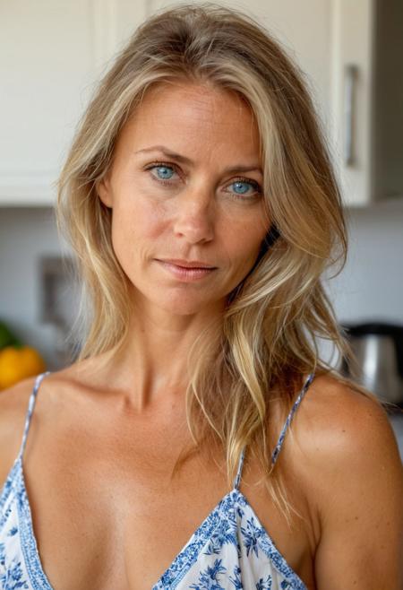 High quality, detailed, sexy 40 years old, beautiful face, sexy face, dirty blonde hair, light blue eyes, realistic face, high cheekbones, soft lips, wearing summer dress, professional photography, emotional face, kitchen in background, intense gaze at camera, slight downblouse