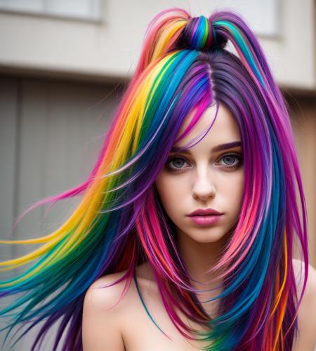 mksks style, masterpiece, best quality, 1girl, solo, (colorful, abstract, multicolored hair, streaked hair:1.2), looking at viewer, depth of field,