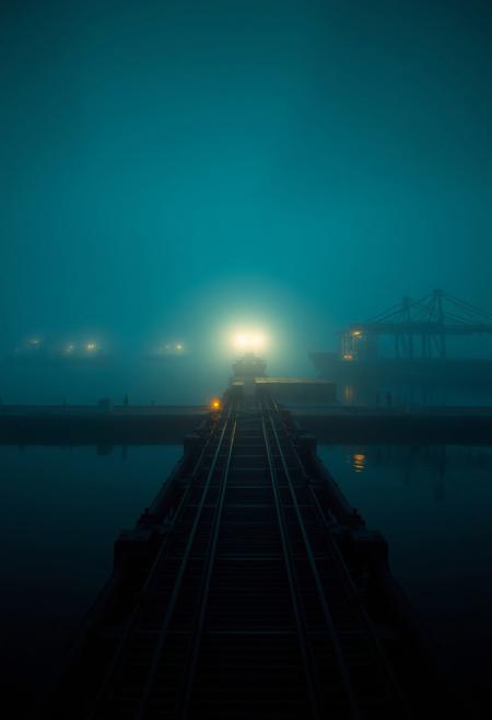 An abandoned harbor dock at midnight, drenched in deep teal and shadowy blacks. The camera floats above still water, reflecting faint amber lights from distant cranes. Fog crawls slowly across the pier, engulfing empty shipping containers and rusting rails. A single cargo ship drifts in without sound, its floodlights flickering softly through the haze. The silence is near-complete, broken only by the low echo of waves and distant industrial groans. Cinematic, 4K, 35mm film texture, muted tones, eerie and dreamlike—like a forgotten place caught between worlds.