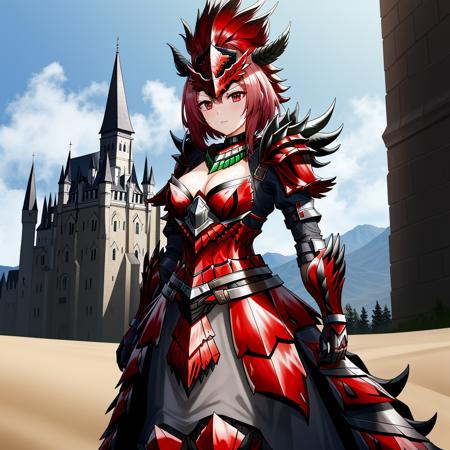 Masterpiece, 4K, <lora:Rathalos_Armor:0.5>, rathalos armor, woman wearing rathalos armor, castle background, female armor, rathalos helmet