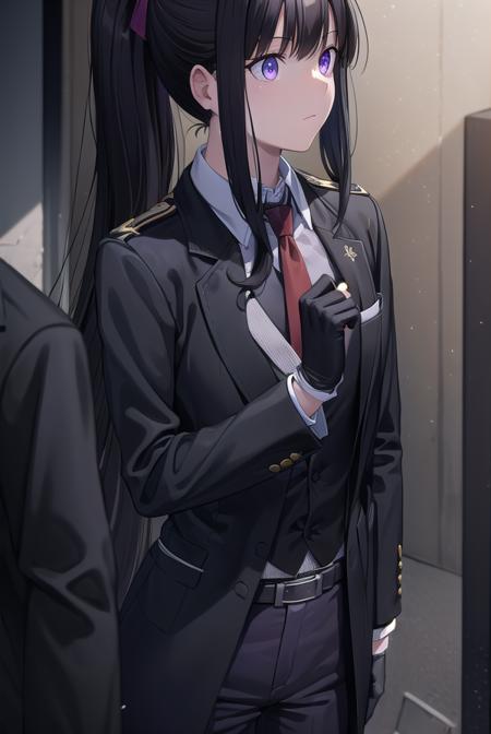 takinainoue, <lora:takinainouechickeiii-lora-nochekaiser:1>, 
inoue takina, long hair, bangs, ponytail, black hair, (purple eyes:1.2),
BREAK gloves, long sleeves, jacket, necktie, black gloves, collared shirt, belt, pants, vest, black jacket, black pants, formal, suit, red necktie, headset, black suit, earpiece,
BREAK looking at viewer, (cowboy shot:1.5),
BREAK indoors, restaurant,
BREAK <lyco:GoodHands-beta2:1>, (masterpiece:1.2), best quality, high resolution, unity 8k wallpaper, (illustration:0.8), (beautiful detailed eyes:1.6), extremely detailed face, perfect lighting, extremely detailed CG, (perfect hands, perfect anatomy),