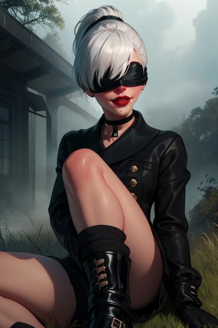 Yorha white hair,black blindfold,short hair,black choker,covered eyes,lips,mole under mouth,  upper body,  smile,   sitting,  ponytail, 
Ygear, black gloves,long sleeves ,black footwear, black shorts, black socks,black jacket,buttons,
deserted school yard, fog,  grass, 
(insanely detailed, beautiful detailed face, masterpiece, best quality)    <lora:Yorha9s:0.7>