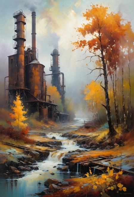 A dreamlike abandoned industrial landscape where spectral figures blend into the textures of peeling paint and rust, abstract expressionism, symbolic realism, organic landscape, textured brushwork, dynamic water flow, autumn trees, earthy color palette, misty atmosphere, layered composition, gestural abstraction, expressive structure, painterly depth, poetic storytelling, folk-inspired natural forms, emotional spontaneity, meditative stillness, atmospheric mood, natural symbolism, figuration and abstraction fusion
