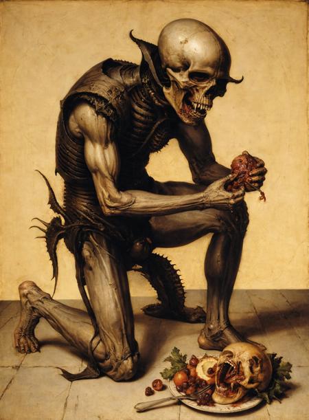 a renaissance painting of a man kneeling,eating,horror,dreadful,ugly,death,<lora:g1g3r:0.8>,teeth,<lora:add-detail-xl:1>,(skull:0.5),