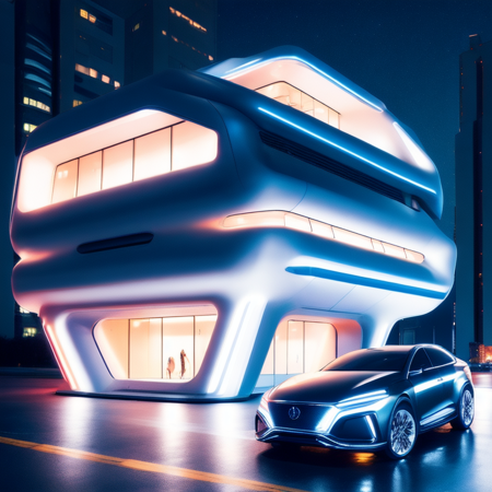 photo, a futuristic building lit up at night with a car parked in front (ModernFutures style:1) <lora:djzModernFuturesV21:1>