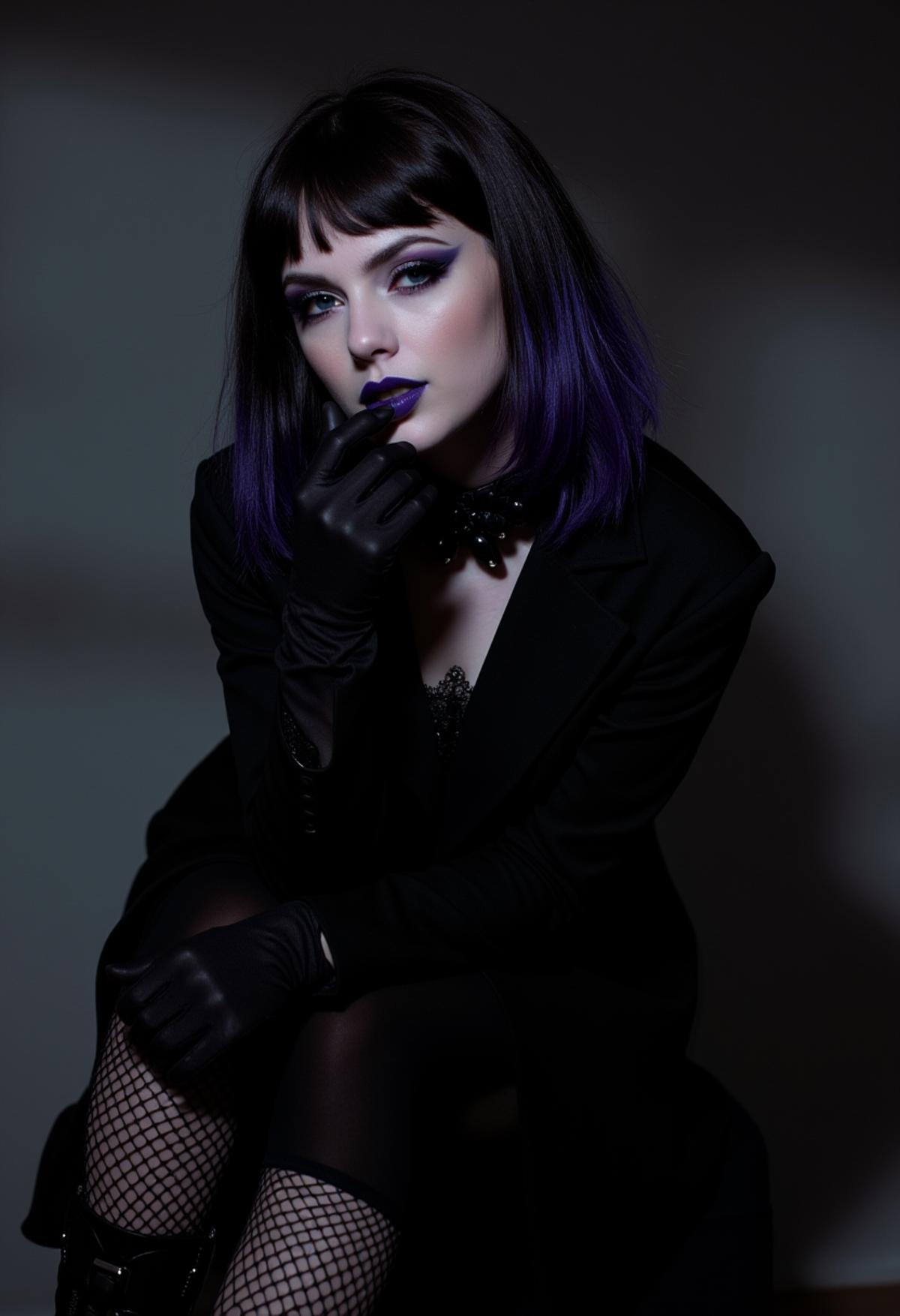 A goth woman, 18yo. She has pale white skin, dark black hair with dramatic purple highlights, and pale purple lips. Her wardrobe is a mix of dark Victorian and gothic punk, including a long black coat, lace gloves, fishnet stockings, and platform boots. Her pose is playful and confident, leaning slightly forward with one hand on her chin, The background is dark and moody, with shadows cast on the wall behind her. closeup head shot