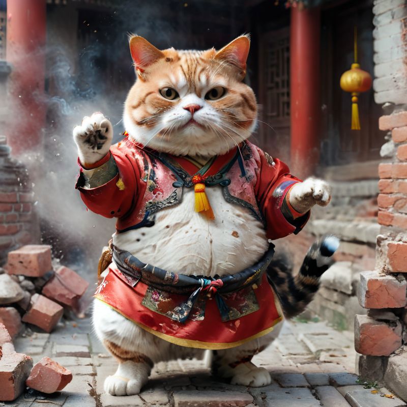 A cartoon cat in an Asian style dress with a large belly and arms outstretched.