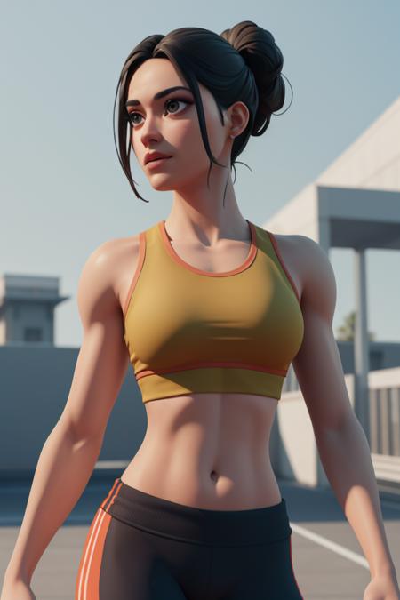 <lora:VRAMsSkye640:0.5>, xyzskye, 1girl, beautiful, portrait, masterpiece, 3d render, octane render, workout, sports, crop top