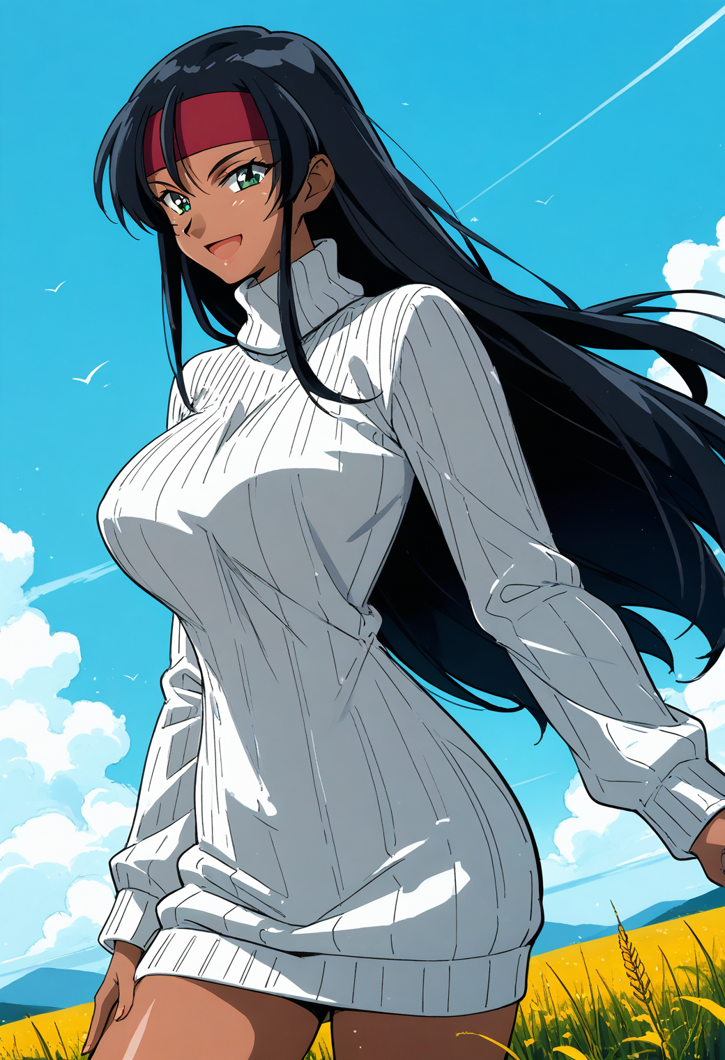 A young woman with green eyes and long black hair with a red headband tied around her forehead standing outdoors in a sunny meadow. She is wearing a white, ribbed long-sleeved turtleneck sweater dress that reaches down to her thighs. The background depicts a bright blue sky with white clouds, and a few birds flying in the distance. Below, there is a field of tall, yellow grasses stretching out to a distant mountain range.