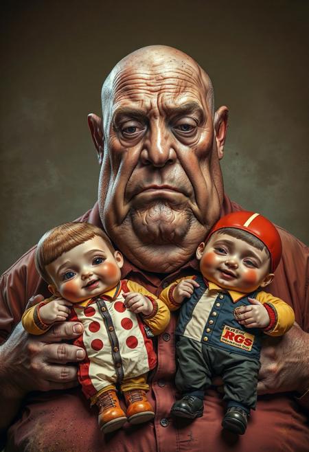 w1z_7r1ppy_d33t5,. extremely detailed and trippy. A fat, ill-looking, middle-aged bald man with blotchy, mottled skin. Unhealthy. Heavily lined face. He is holding two fat children dressed as fast-food restaurant mascots.