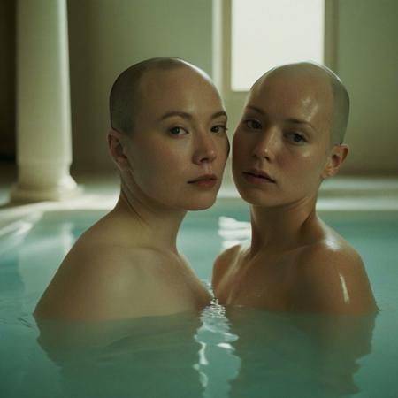Analog nude full body portrait photograph, 2girls, nude, (1girl beautiful elegant chubby 40yo Asian woman, shaved head )(shiny scalp)(bald head:2), caressing head of (1girl, beautiful petite pale freckled redhead 28yo white woman), in pool of ornate huge Moorish Bath, columns, skylights, shot from below, dark chiaroscuro lighting, rich dark cool reds and pale nuetral colors in background, 35mm, realistic, Cinematic Hollywood Film style, high detail, detailed eyes, detailed skin texture, (blush:0.2), (goosebumps:0.3), subsurface scattering, highly detailed skin, skin imperfections, mole, dirty skin, sweat, scar, atmospheric, dramatic, erotic, sensual, rich dark colors, deep shadows, masterpiece, harmonious, vignette, 4k epic detailed, shot on kodak, 35mm photo, sharp focus, high budget, cinemascope, moody, epic, gorgeous, film grain, asz, portrait photo, Art style by Ingres