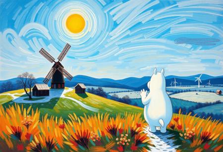 score_9, score_8_up, vivid colors, vibrant colors,  Expressive, vivid colors,  Moomin:3, Moomintrollen:3,  far away, wallpaper, beautiful landscape, masterpiece, sun, Winter:3
looking in the distance:3, backview, looking at landscape, windmill, Classicism:3