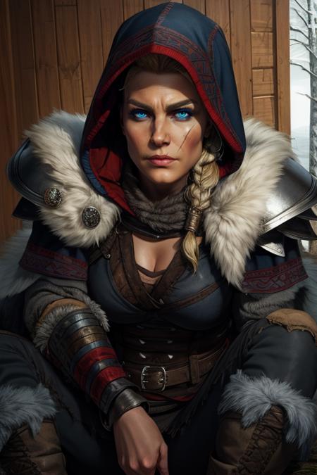 Eivor, scar on face,blonde hair,blue eyes,  sitting,  upper body,  close up, serious, 
EivGear,armor , leather armor, abs, fur trim,jewelry,boots, pants, hood up,  cleavage, 
Nordic, wooden house, cold weather,  sitting in a tent,  
(insanely detailed, beautiful detailed face, masterpiece, beautiful detailed eyes, best quality)   <lora:Eivor-10:0.8>