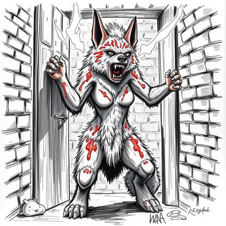 Female animal, covered with fur, anthro furry hyena slams door open, view from other side, berserk mode, in dungeon, brick walls, severe burns all over body, burned fur, in rage, in pain, foam on mouth, quick sketch