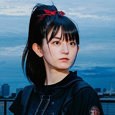 1girl,masterpiece, photorealistic, detailed, RAW color photo,(fully in frame:1.1) <lora:suzukav4:1>suzuka nakamoto, young,idol, cute, bangs, ponytail, black makeup,black outfit, night, buildings around