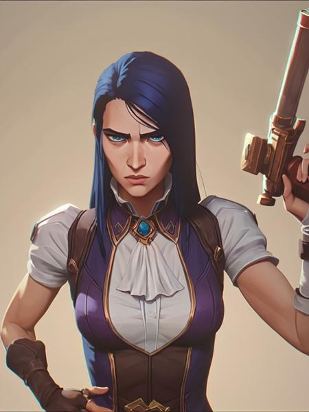 score_9, score_8_up, score_7_up, caitlyn, 1girl, breasts, looking at viewer, bangs, blue eyes, closed mouth, short sleeves, holding weapon, vest, brown background, green background, caitlyn league of legends, <lora:arcane_pony_v1-2_mx:0.95>