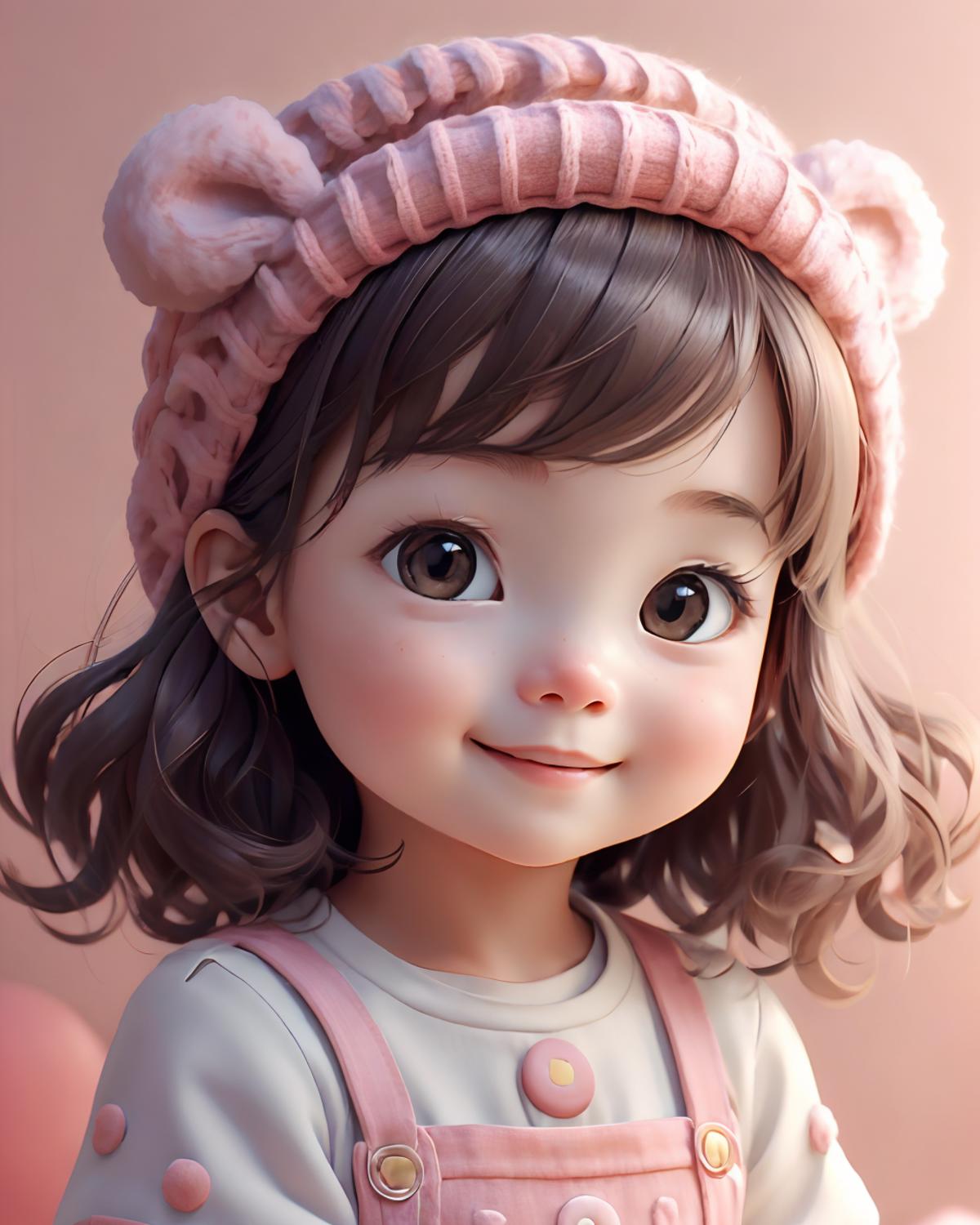A young girl wearing a pink hat with a bow and pink clothing with a smile on her face.