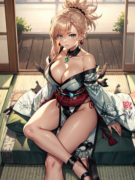 MusashiBerserker Necklace, swept bangs, white kimono, sheath,bare shoulders, thihgs,blonde hair,wide sleeves, magatama necklace, black thighighs,obi detached sleeves,hair ornament, long hair, sash, asymetrical hair, pink hair,,kimono, earrings,jewelry, cleavage, blue eyes, ponytail,japanese clothes