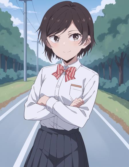 kiri shirasawa, short hair, bangs, brown hair, brown eyes, swept bangs, skirt, shirt, long sleeves, bow, school uniform, white shirt, pleated skirt, striped, bowtie, striped bow, striped bowtie,