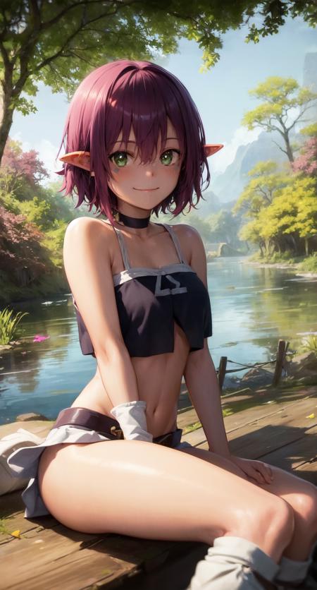 (masterpiece:1.2), best quality, absurdres, illustration, 8k, realistic shadows,cowboy shot,  blush, detailed shadows,  skindentation, long eyelashes, beautiful detailed eyes, ultra-realistic, realistic, perfect pupils,  hdr, upper body, light smile, shiny skin
forest, lake, flowers, tress
merry nightmare, 1girl, solo, choker, smile, pointed ears, mindriff, skirt, thighs, boots sitting, striped socks