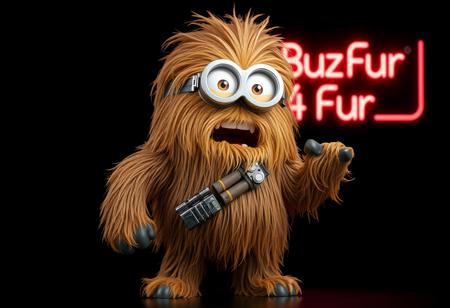 A minion from Despicable Me transformed into a Chewbacca-inspired creature, covered head to toe in thick, shaggy fur, blending the iconic features of a Wookie with the playful charm of a minion. Wearing a rugged ammo belt across its chest, the character strikes a powerful stance, mid-roar, exuding fierce energy. Its fur ripples with incredible texture, reflecting high detail and lifelike rendering. In the background, a sleek, sophisticated sign reads ‘Buzz 4 Fur’ in glowing neon letters, adding a quirky, futuristic touch to the scene. Set against a pitch-black backdrop, the image pops with cinematic, high-resolution 4K quality, creating a visual masterpiece that feels both whimsical and epic, with intense attention to detail in texture and expression