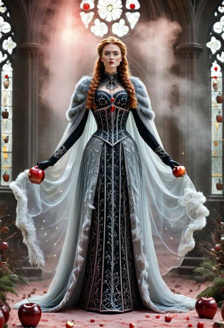 murano_glass_style, Realism_Quality_2xx_By_Stable_Yogi, (cathedral:2), indoors, standing, 1woman, solo, long hair, black choker, eyeliner, gorgeous lips, covered breasts, cinematic, best quality, ultra-detailed, very aesthetic, (big red glowing eyes:1.4), freckles, aloof, (masterpiece:1.1), small waist, fitness body, wide hips, 32 years old, golden blond hair, censored, (big stained glass windows:1.4), (Victorian dress:2), high end closure, Evil Queen, cinemascope, moody, epic, gorgeous, film grain, (holding glowing red apple:2.4), (pink ground fog:2), natural hands, red elbow gloves, knee boots, dramatic , sunset, (red sky:1.6), window, ritual magic, freyja, auburn hair, braided hair, magic, forest, Viking queen, mythic beauty, feathered cloak, fur, armor, robe, braid, rune jewelry, photorealistic, cinematic, flowers, jewelry, photorealism, cinematic lighting, high fantasy, mythic portraiture, soft background, northern folklore aesthetic, (fully dressed:2), trained,