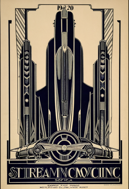 Art deco poster: Streamlined locomotive design, geometric patterns, bold symmetry, limited color palette, elegant typography space, 1920s influence, decorative borders, glamorous era, stylized mechanical elements