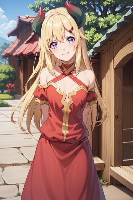 best quality, masterpiece, highly detailed,
<lora:chara_IsekaiNonbiriNouka_Lastismun_v2:0.8>, lastismun,
solo, closed mouth, light smile, light blush,
blonde hair, long hair, purple eyes, hairclip, small breasts, dragon horns,
red dress, halterneck, bare shoulders, short sleeves,
standing, head tilt, looking at the viewer,
outdoors, tree, house, wood