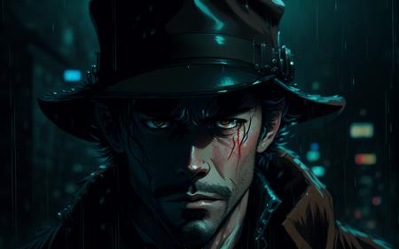 anime style portrait of a gruff detective in the pitch black rain at night, wet, raining, film noir