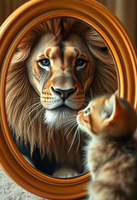 A cute kitten looking in the mirror and seeing an elegant lion reflection, high resolution, highly detailed, photorealistic, cinematic