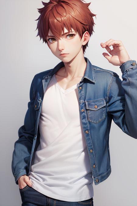 (masterpiece, best quality:1.2), <lora:fate_emiya-10:1>, cowboy shot, solo, male focus, 1boy, emiya shirou, expressionless, closed mouth, looking at viewer, hand in pocket, shirt, jeans