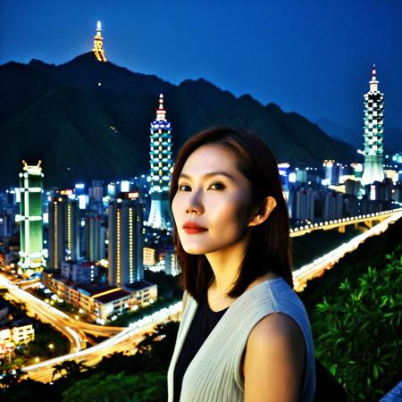 (score_9, score_8_up, score_7_up),1woman, margaretwang, taiwan, city lights at night, (best-quality, masterpiece, masterful details, visual storytelling:1, realistic light), detailed face