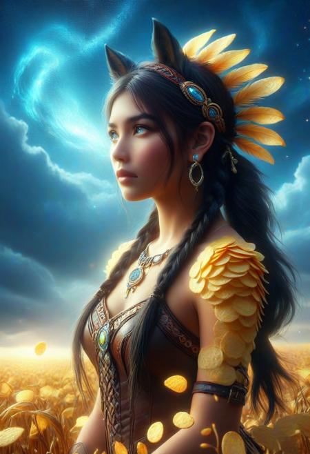 made out of potato chips  
native american, 1girl, sky, braid, riding, cloud, outdoors, solo, long hair, jewelry, dark skin, day, feathers, blue sky, dark-skinned female, field, black hair, horse, saddle, reins, blue eyes, single braid, horseback riding, braided ponytail, animal, looking afar, headband, necklace, tribal, fringe trim, sleeveless, feather hair ornament, armlet, bracelet, facepaint, cloudy sky, earrings, wind, from side, looking ahead,
perspective, light and shadow, religious, mythological themes, magnificent, celestial, ethereal, moody, epic, majestic, magical, rich details, 
intricate details, highly detailed, ultra-detailed, absurdres, vivid, vibrant, volumetric lighting, 
midjourneyv6.1, ais-particlez, 
made out of potato chips