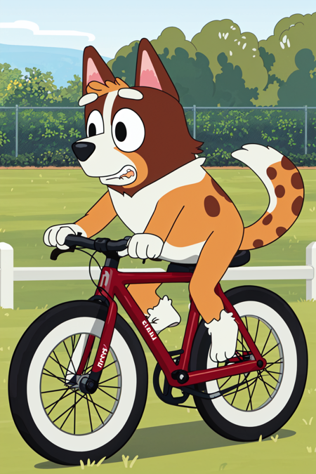 Bluey Style, solo, animal ears, sitting, tail, outdoors, teeth, day, black eyes, red fur, yellow fur, grass, clenched teeth, ground vehicle, furry, fence, riding, body fur, flat color, bicycle, two-tone fur, <lora:Bluey:0.5>