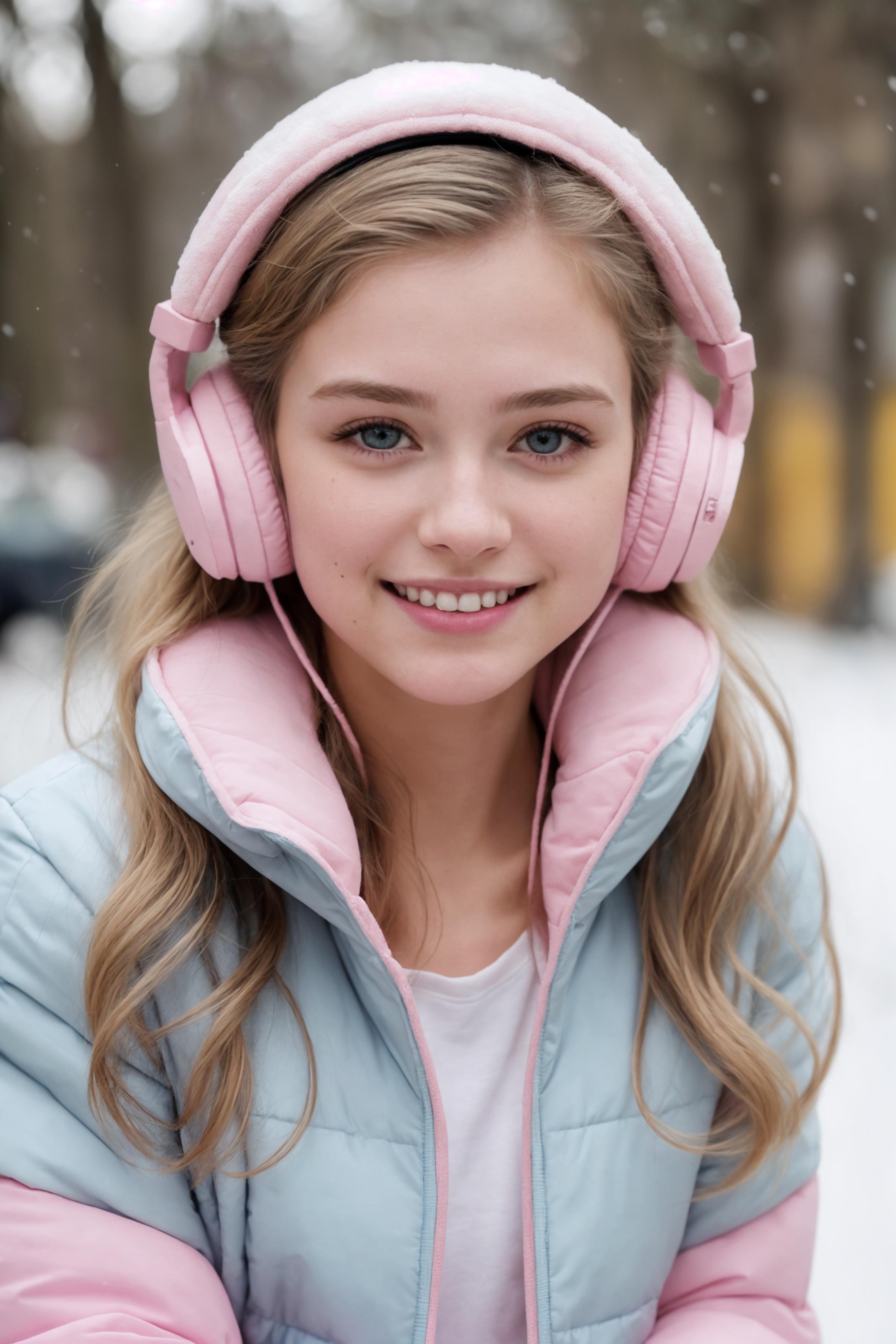 A woman wearing a blue jacket and pink headphones is smiling.
